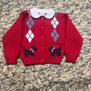 BT Kids Girls Red Argyle Scottie Dog Cardigan Sweater Peter Pan Collar Size 4